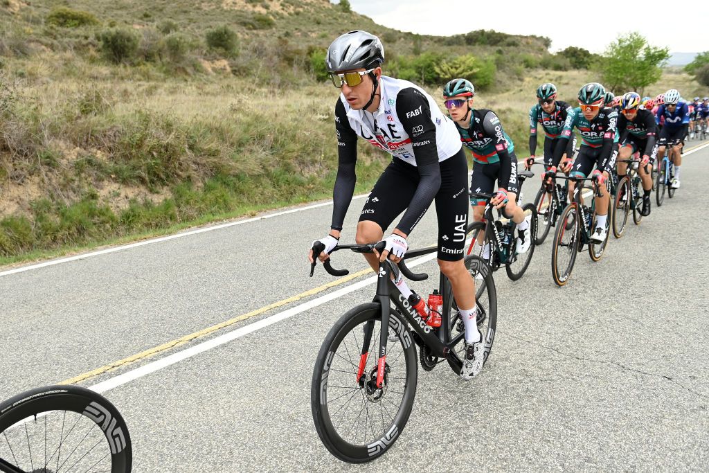 ESTELLA SPAIN APRIL 01 LR Marc Soler of Spain and UAE Team Emirates and Giovanni Aleotti of Italy and Team BORAHansgrohe compete during the 32nd Gran Premio Miguel Indurain 2023 a 2032km one day race from Estella to Estella GPIndurain on April 01 2023 in Estella Spain Photo by David RamosGetty Images