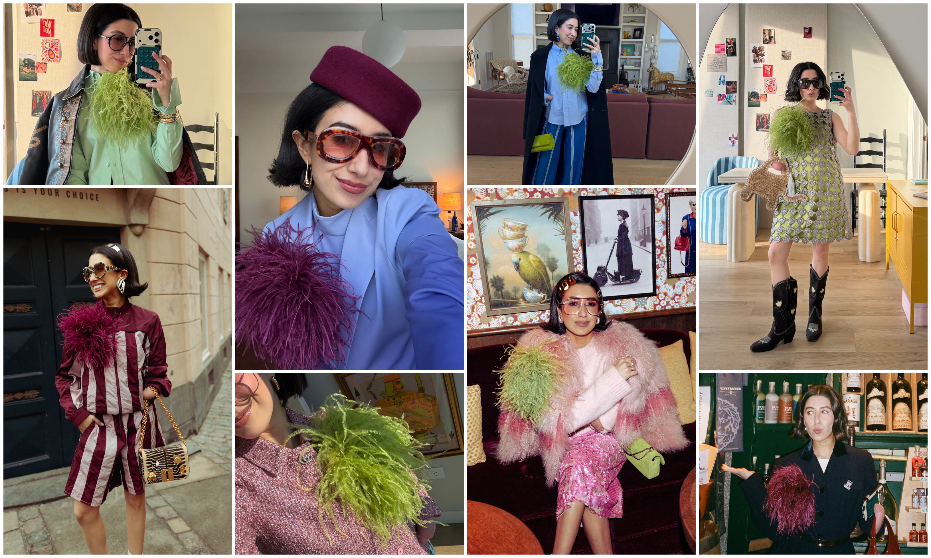 April Lockhart styles various looks with a colorful feather brooch