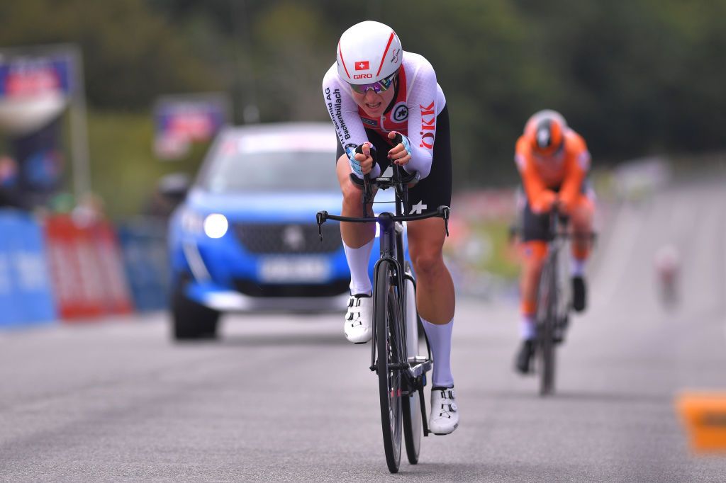 PLOUAY FRANCE AUGUST 24 Arrival Marlen Reusser of Switzerland during the 26th UEC Road European Championships 2020 Womens Elite Individual Time Trial a 256km race from Plouay to Plouay ITT UECcycling EuroRoad20 on August 24 2020 in Plouay France Photo by Luc ClaessenGetty Images