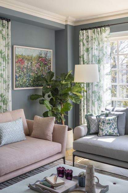Living room designed by Kitesgrove with floral artwork and botanical curtains