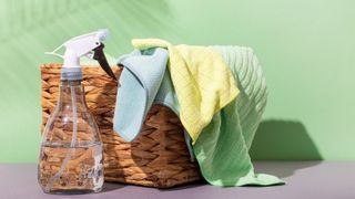 Microfiber cloths for cleaning and a spray bottle with clean water. Tools for eco friendly cleaning without household chemicals on a green background