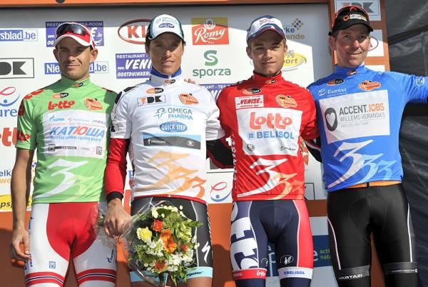 The final jersey winners: Kristoff (points), Chavanel (overall winner), Tosh Van Der Sande (mountains) and Andy Cappelle (sprints)