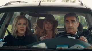 Catherine O'Hara as Moira Rose, Annie Murphy as Alexis Rose and Eugene Levy as Johnny Rose in Schitt's Creek