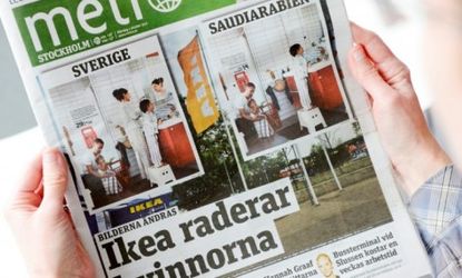 The front page of a daily newspaper in Stockholm compares images for the IKEA catalog in Sweden (left) and in Saudi Arabia (right) for next year.