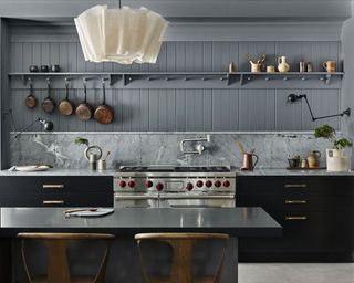 Pan storage ideas with grey painted kitchen