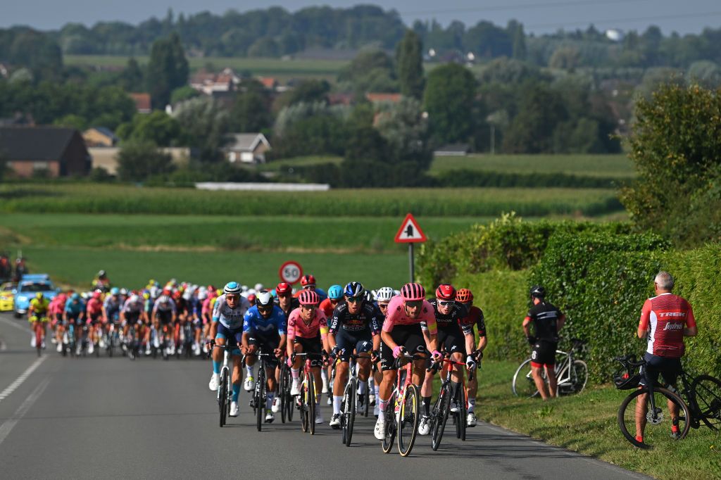 GERAARDSBERGEN BELGIUM SEPTEMBER 01 LR Filip Maciejuk of Poland and Team Red Bull BORA Hansgrohe Jonas Rutsch of Germany and Team EF Education Easypost and a general view of the peloton competing during the 20th Renewi Tour 2024 Stage 5 a 2027km stage from Menen to Geraardsbergen UCIWT on September 01 2024 in Geraardsbergen Belgium Photo by Luc ClaessenGetty Images
