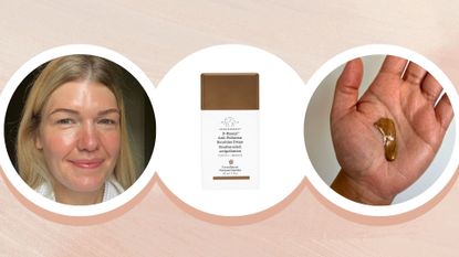 Fiona after wearing the Drunk Elephant Bronzing Drops next to a product shot of the bottle and an image of the drops on Aleesha's hand