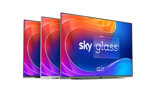 Sky Glass Air on a white background with abstract colour on the screen