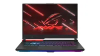 Asus ROG Strix G15 Advantage Edition gaming laptop facing forwards with RGB lighting on