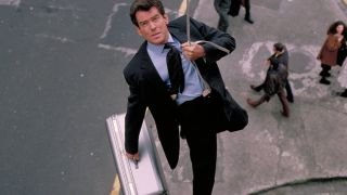 Pierce Brosnan dropping on a rope with a briefcase in The World Is Not Enough.