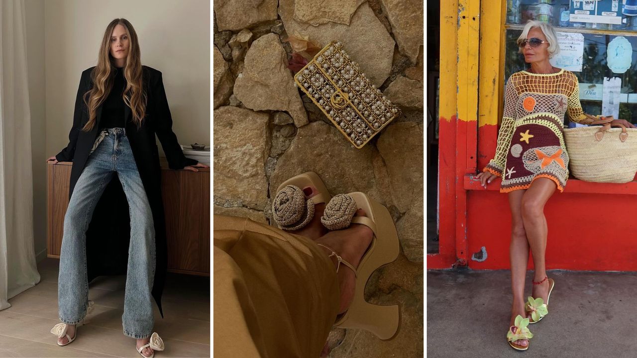 composite of three women wearing flower sandals