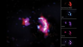 Traces of water (in blue) seen in one of the most distant galaxies prove that the life-giving liquid existed already in the earliest stages of the evolution of the universe.