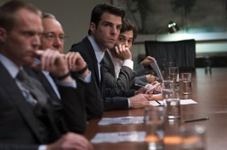 From left to right: Will Emerson (Paul Bettany), Sam Rogers (Kevin Spacey), Peter Sullivan (Zachary Quinto) and Seth Bregman (Penn Badgley) in Margin Call