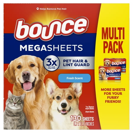 Bounce Pet Hair and Lint Guard Mega Dryer Sheets, Fresh Scent, 130 Count