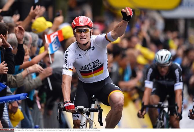 A triumphant Andre Greipel (Lotto Belisol) at the end of stage 6 of the Tour de France