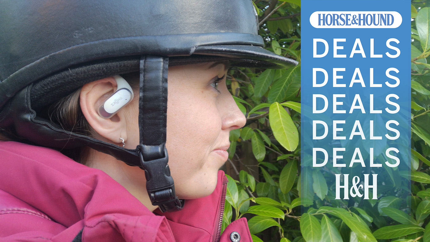 Horse rider wearing Shokz Open-Fit Air headphones and riding hat, with H&amp;amp;H deals graphic