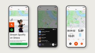 Screenshots showing the Spotify sync into the Strava app's record screen
