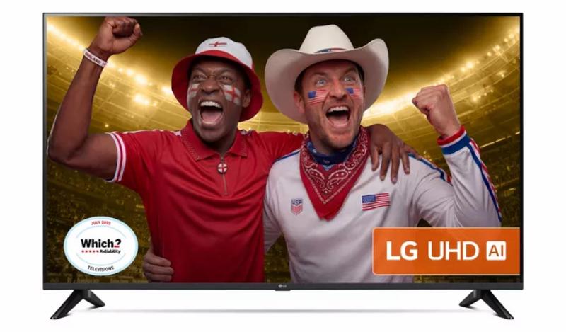 LG TV with two people cheering on the screen