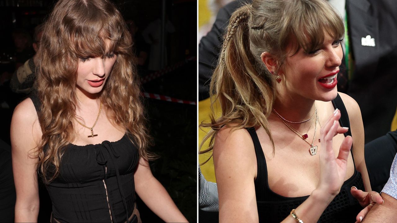 A split image of Taylor Swift wearing two different black corset tops