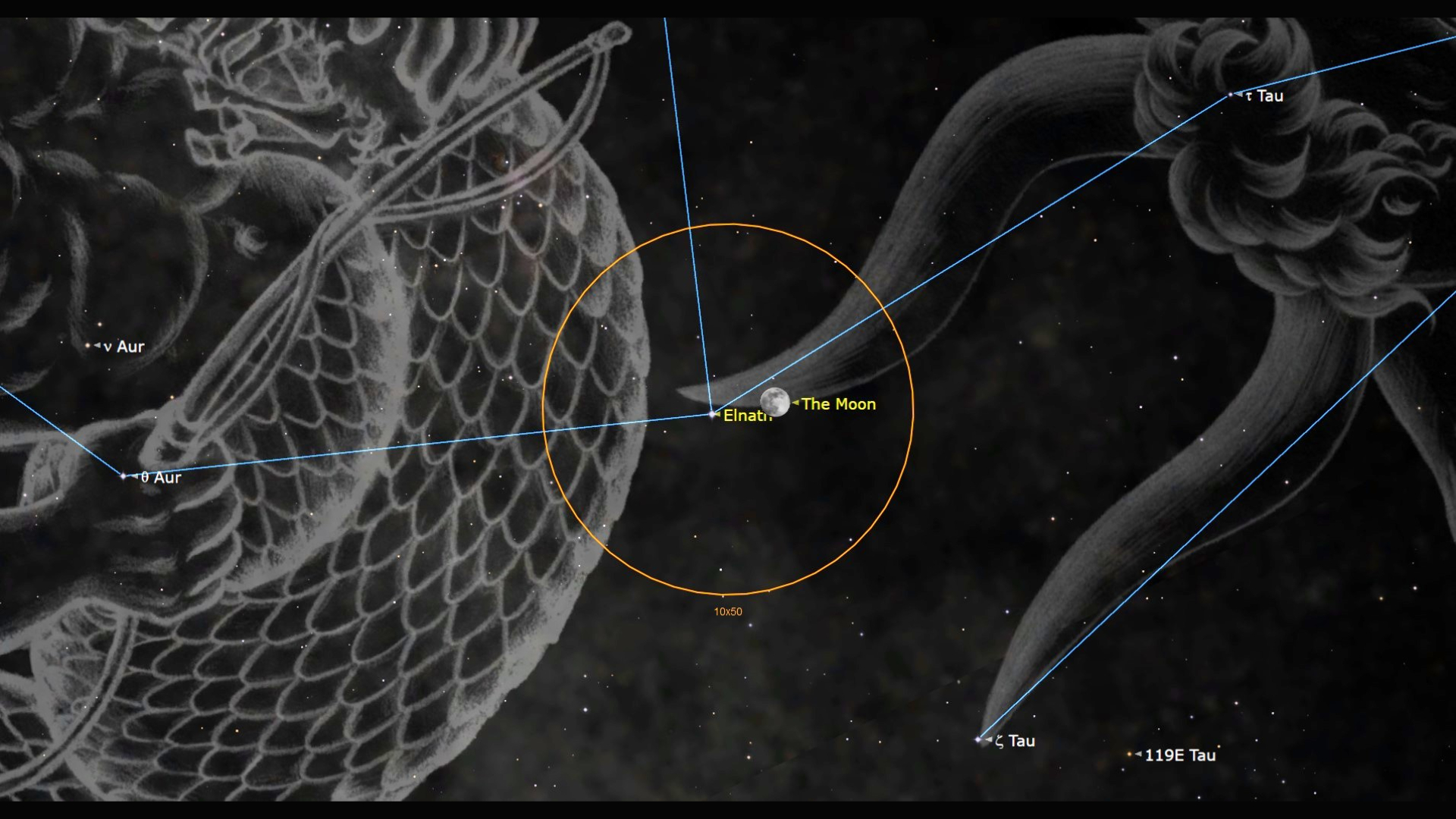 A star map showing cartoon drawings showing a mermaid tail to the left with an orange circle in the center of the image showing a full moon near a labeled dot for Elnath.