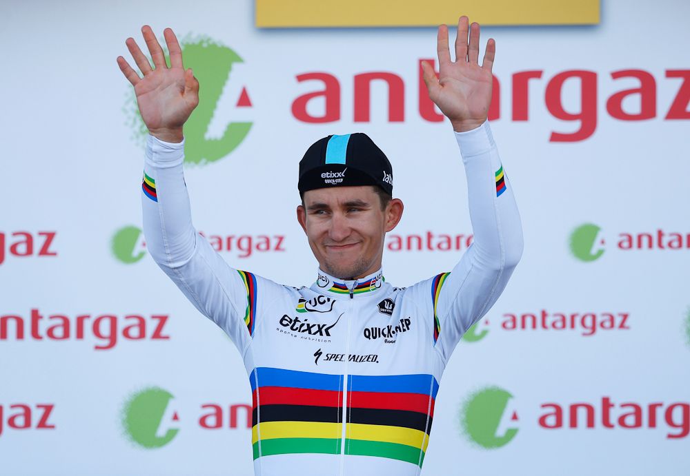 Michal Kwiatkoswki on the stage 2 podium for most combative rider.