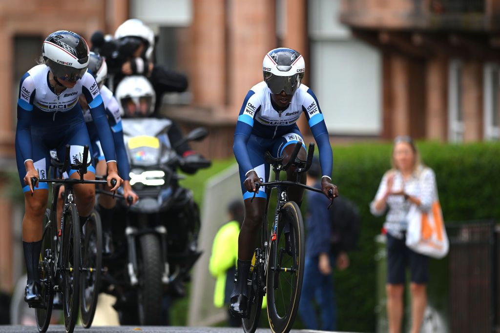 GLASGOW SCOTLAND AUGUST 08 Selam Amha Gerefiel of Ethiopia Maude Elaine Le Roux of South Africa Tasane Elina of Estonia and Team UCI World Cycling Centre sprint during the Team Time Trial Mixed Relay a 403km race from Glasgow to Glasgow at the 96th UCI Cycling World Championships Glasgow 2023 Day 6 UCIWT on August 08 2023 in Glasgow Scotland Photo by Dario BelingheriGetty Images
