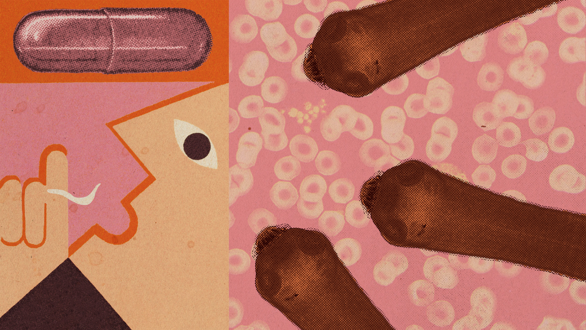 Photo collage of a micrograph of a tapeworm, a pill, and an abstracted illustration of man swallowing a small worm