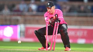 James Rew of Somerset drops the ball as he attempts to run out George Garton of Bears during the Vitality Blast Men's match between Somerset and Bears at The Cooper Associates County Ground on September 06, 2025 in Taunton, England.