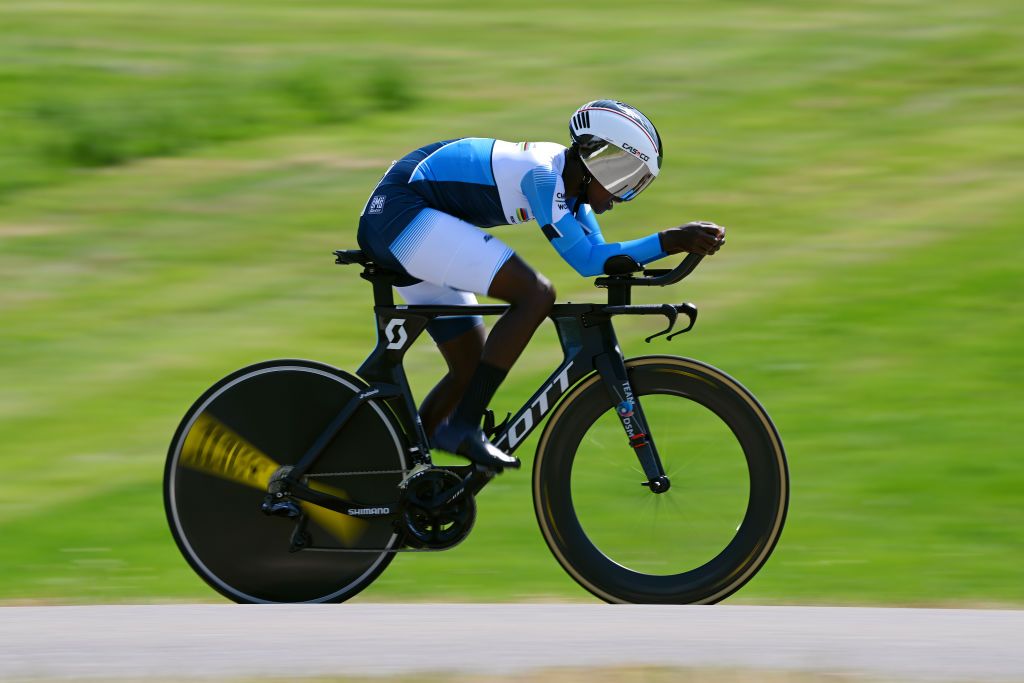 ABTWILL SWITZERLAND JUNE 18 Selam Amha Gerefiel of Ethiopia and WCC Team sprints during the 3rd Tour de Suisse Women 2023 Stage 2 a 257km individual time trial from St Gallen to Abtwil UCIWWT on June 18 2023 in Abtwil Switzerland Photo by Dario BelingheriGetty Images