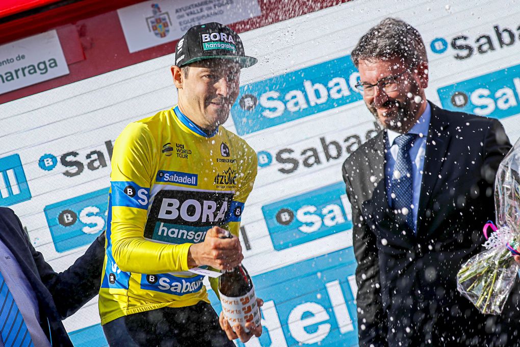 Emanuel Buchmann celebrates taking the race lead on stage 5 at Pais Vasco