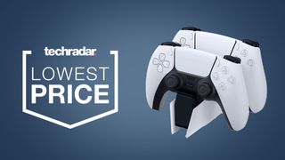 PS5 DualSense Charging Station on a blue background next to TechRadar deals lowest price badge