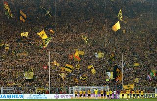 Team Dortmund acknowledge it's fans after winning 3:0 the Bundesliga match between Borussia Dortmund and VfB Stuttgart at the Signal Iduna Park on September 27, 2008 in Dortmund, Germany.