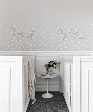 White and grey twin nursery ideas by Veronica King