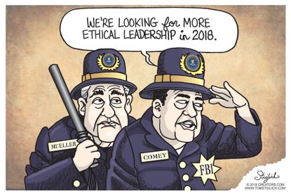 Political cartoon U.S. New Year 2018 FBI Mueller Comey Russia investigation