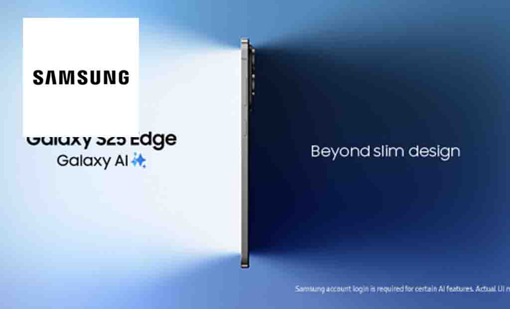 Samsung logo placed over a graphic advertisement of the galaxy S25 edge phone 