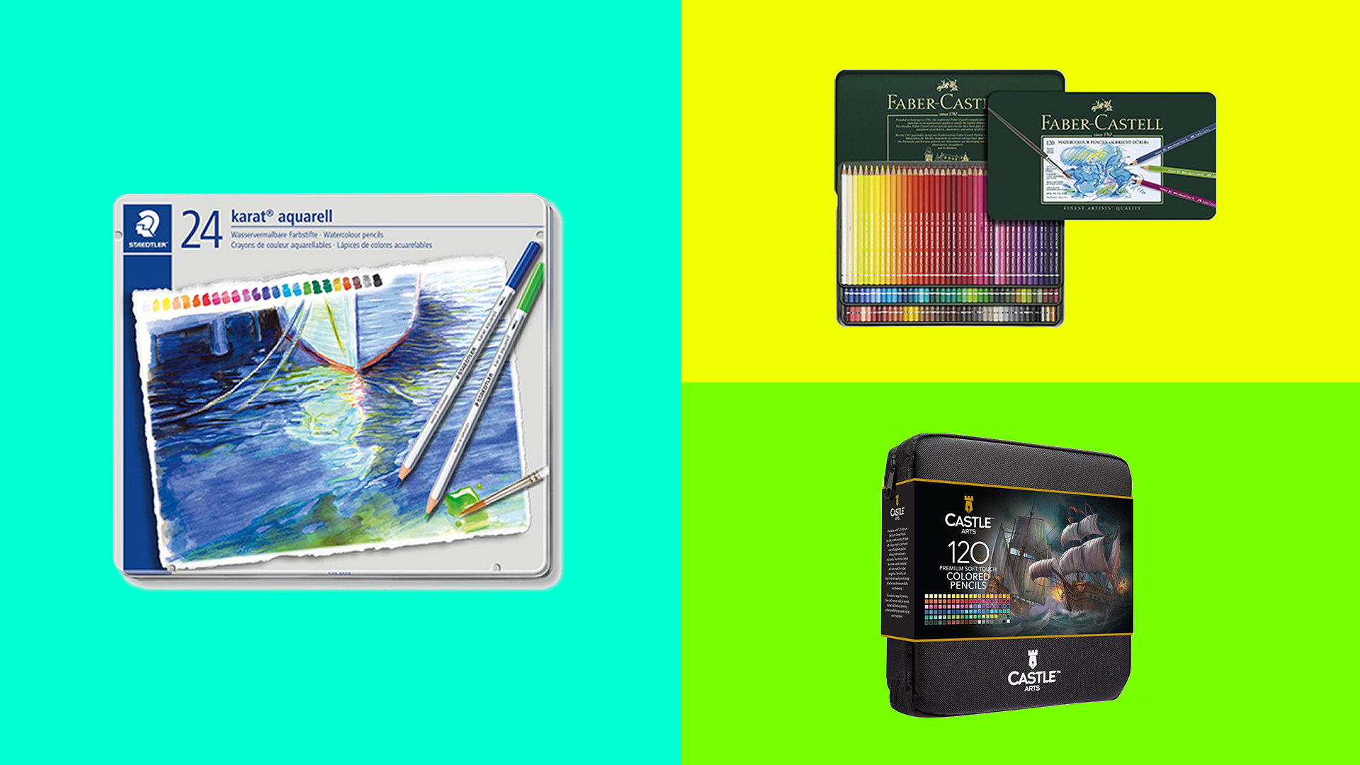 Three of the best watercolour pencils sets on three brightly coloured square backgrounds