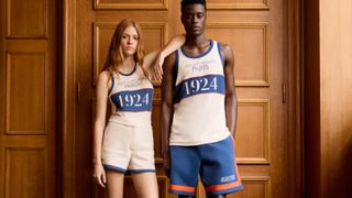 two athletes wearing 1924 Olympics track uniforms designed by Lacoste