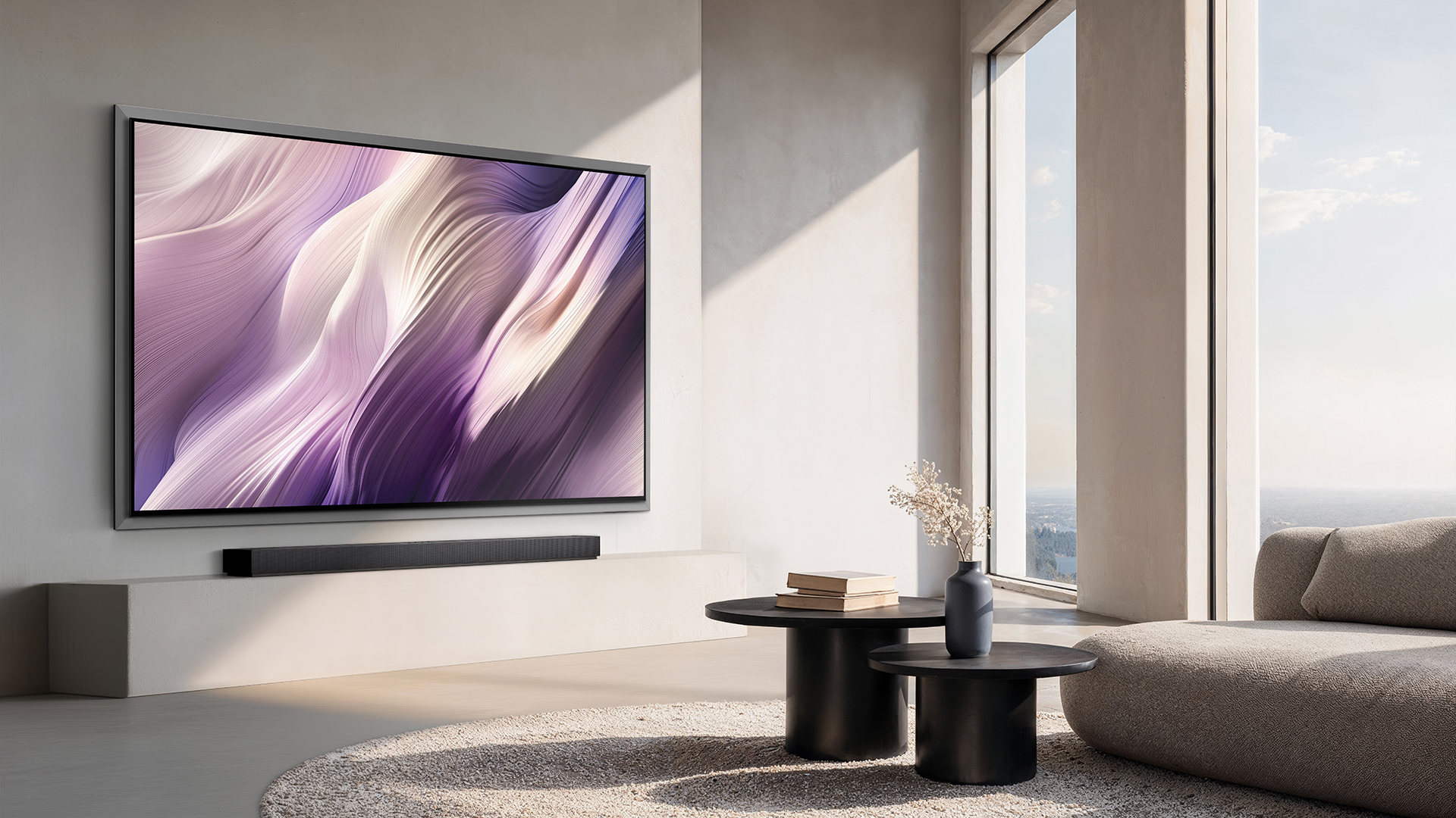 Lifestyle image of the Samsung S95H OLED TV wall mounted in a luxury living room environment