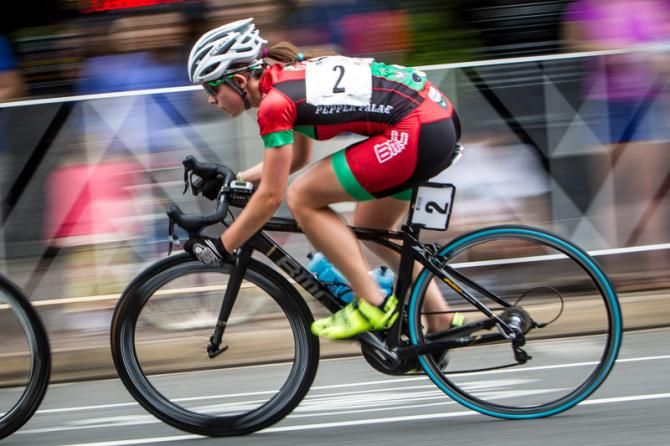 Allison Arensman (Pepper Palace) holds on to the back of the break.