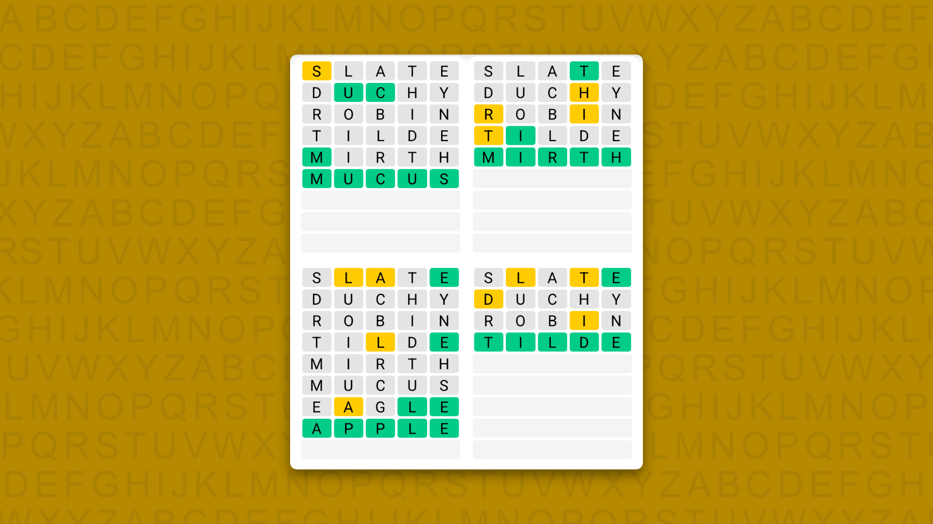 Quordle answers for game 1698 on a yellow background