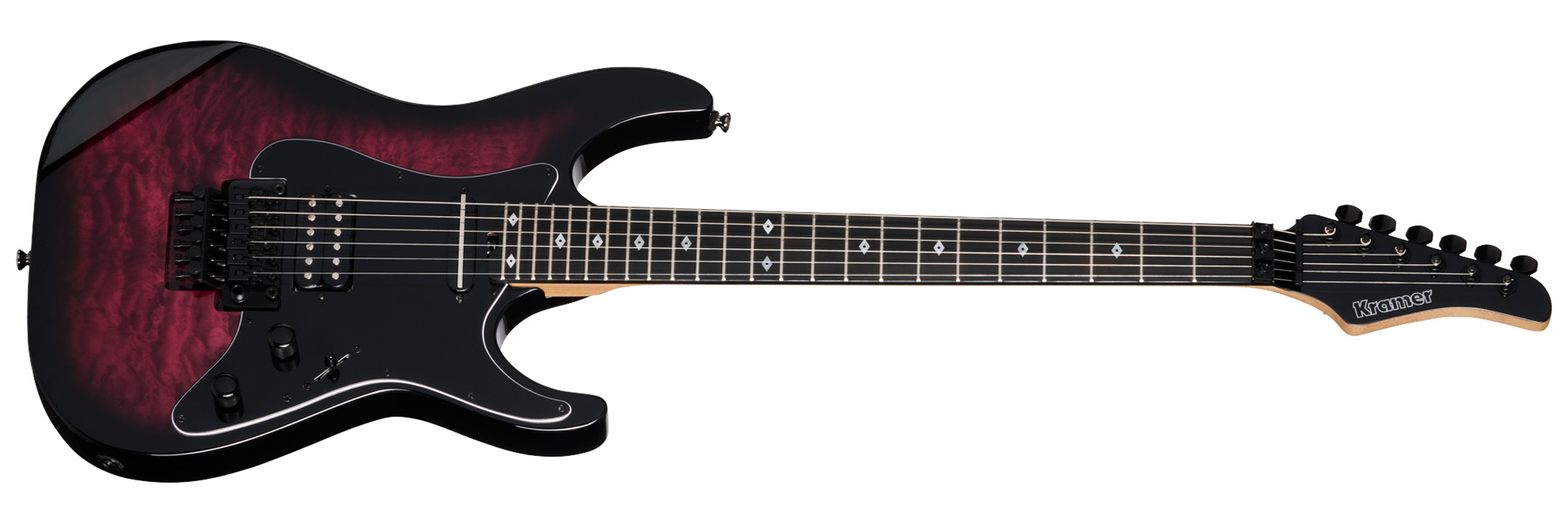 The Kramer Volante is offered with the choice of a AAAA quilted maple veneer or plain top, but features a newly engineered neck joint, Gibson USA-designed pickups, an elliptical C profile neck and Floyd Rose vibrato as standard.