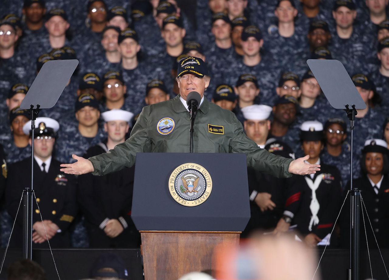 President Trump speaks to members of the Navy