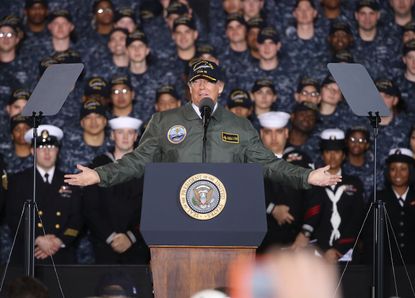 President Trump speaks to members of the Navy