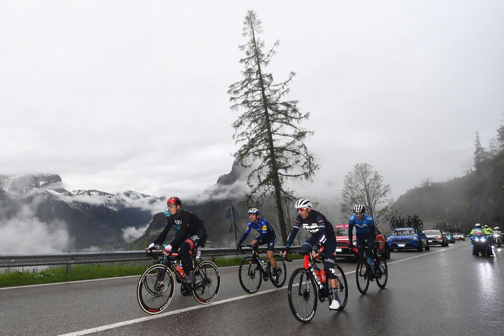 CORTINA DAMPEZZO ITALY MAY 24 Davide Formolo of Italy and UAE Team Emirates Gorka Izagirre Insausti of Spain and Team Astana Premier Tech Joao Almeida of Portugal and Team Deceuninck QuickStep Vincenzo Nibali of Italy and Team Trek Segafredo Antonio Pedrero Lopez of Spain and Movistar Team in breakaway during the 104th Giro dItalia 2021 Stage 16 a 153km stage shortened due to bad weather conditions from Sacile to Cortina dAmpezzo 1210m girodiitalia Giro on May 24 2021 in Cortina dAmpezzo Italy Photo by Tim de WaeleGetty Images