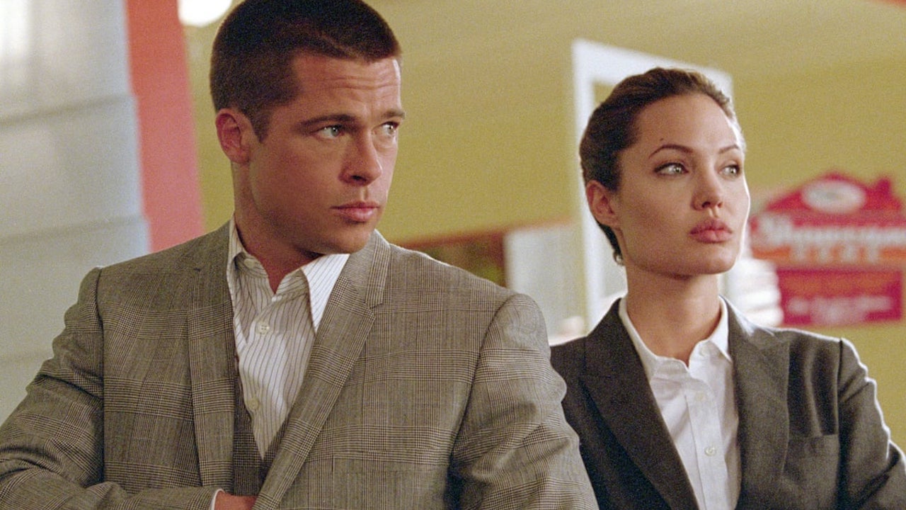 Brad Pitt and Angelina Jolie in suits in Mr. and Mrs. Smith