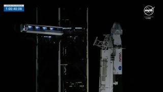 Crew-8's Falcon 9 rocket and Dragon Endeavour on the pad ahead of their planned March 3, 2024 launch.