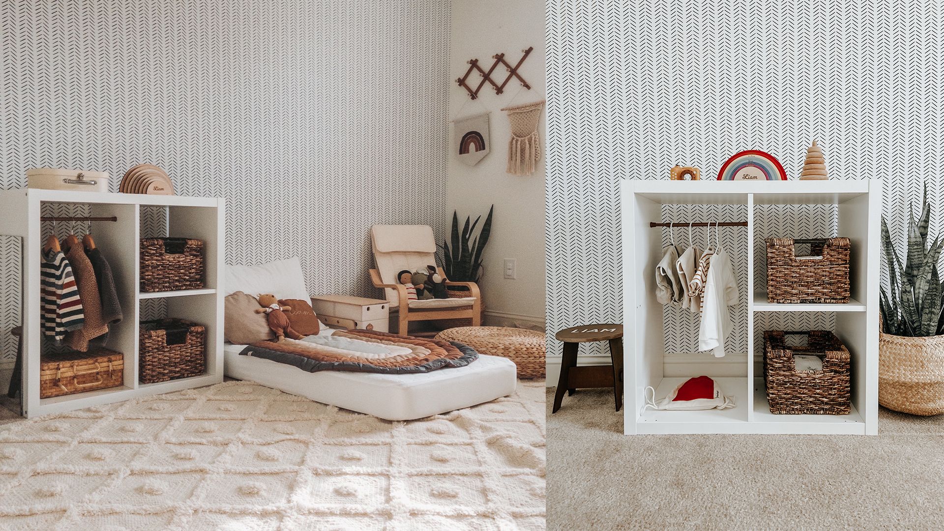 toddler clothes stored in white cube storage in boho style nursery