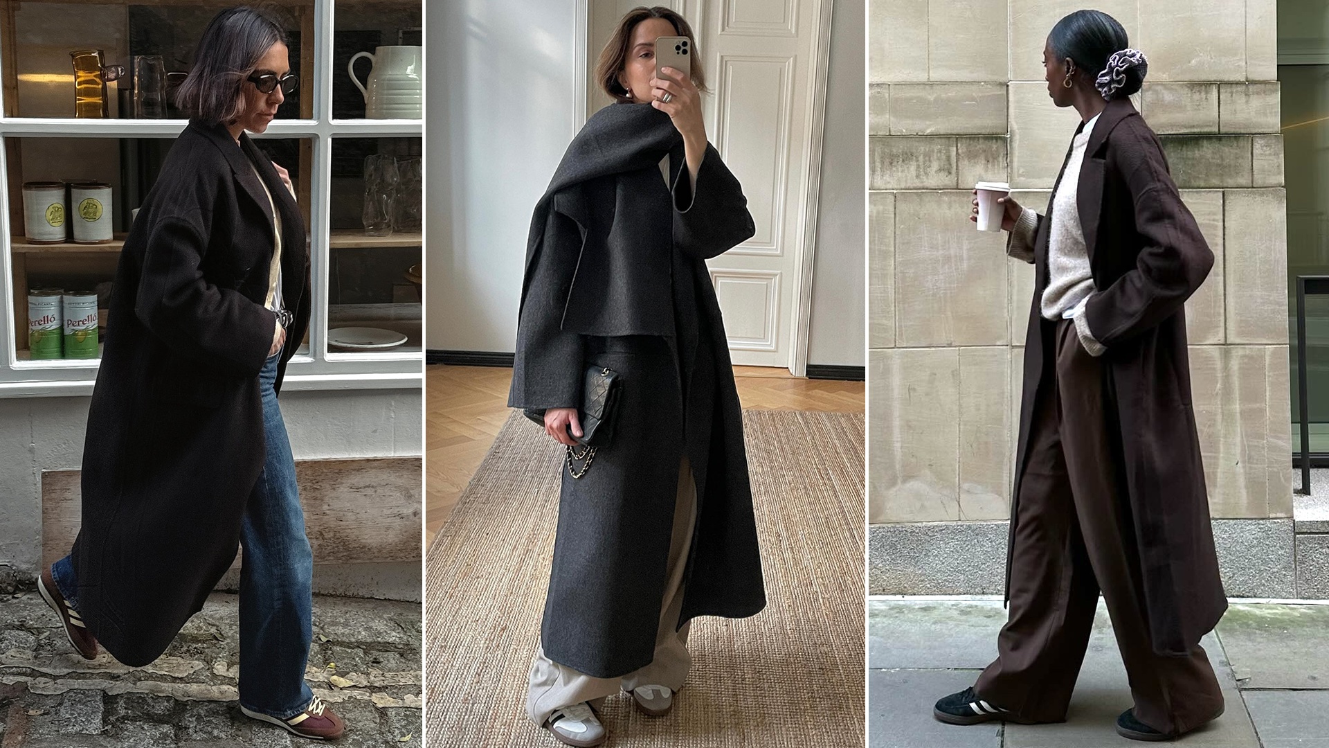fashion collage featuring three European style influencers including Jessica Skye, Johanna Piispa, and Liv Madeline wearing a chic 2026 winter outfit idea with a long coat, relaxed pants or jeans, and Adidas sneakers