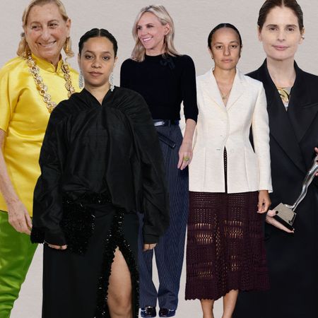 A collage of women designers available at Nordstrom: Miuccia Prada, Rachel Scott, Tory Burch, Grace Wales Bonner, Catherine Holstein