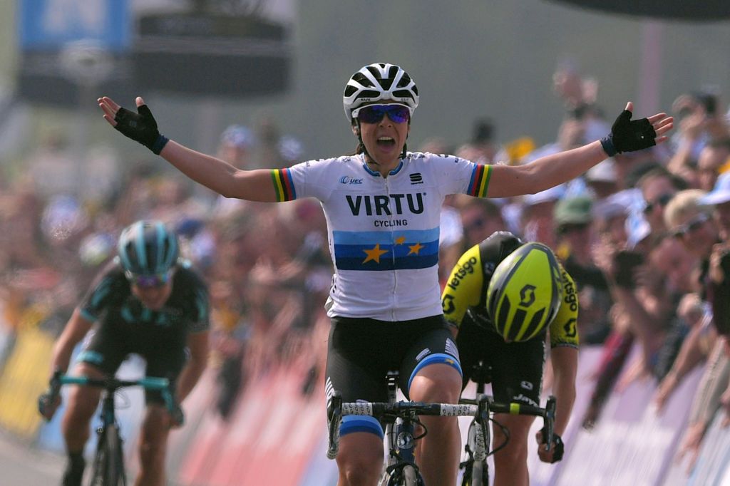 OUDENAARDE BELGIUM APRIL 07 Arrival Marta Bastianelli of Italy and Team Virtu Cycling European Champion Jersey Celebration Annemiek Van Vleuten of The Netherlands and Team MitcheltonScott Cecilie Uttrup Ludwig of Denmark and Bigla Pro Cycling Team during the 16th Tour of Flanders 2019 Ronde van Vlaanderen Women Elite a 1592km race from Oudenaarde to Oudenaarde RondeVlaanderen FlandersClassic RVV19 on April 07 2019 in Oudenaarde Belgium Photo by Luc ClaessenGetty Images